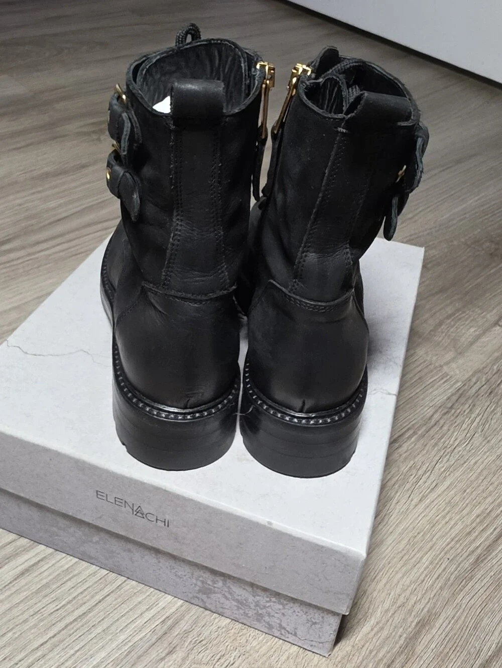 Designer Leather Combat Ankle Boots with Gold Button Accents